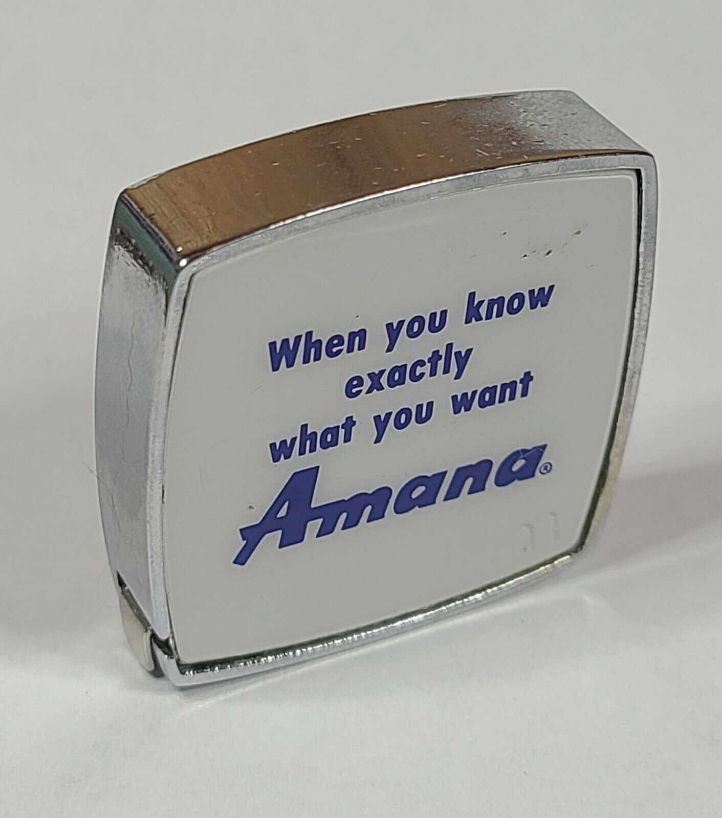Vintage Amana Tape Measure Advertising, Barlow Retro White/blue/silver