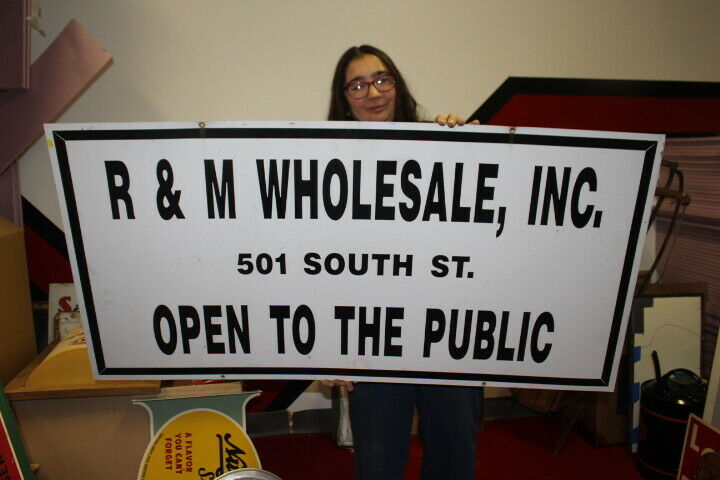 Large Vintage R & M Wholesale Open To The Public Gas Oil Soda 48" Metal Sign