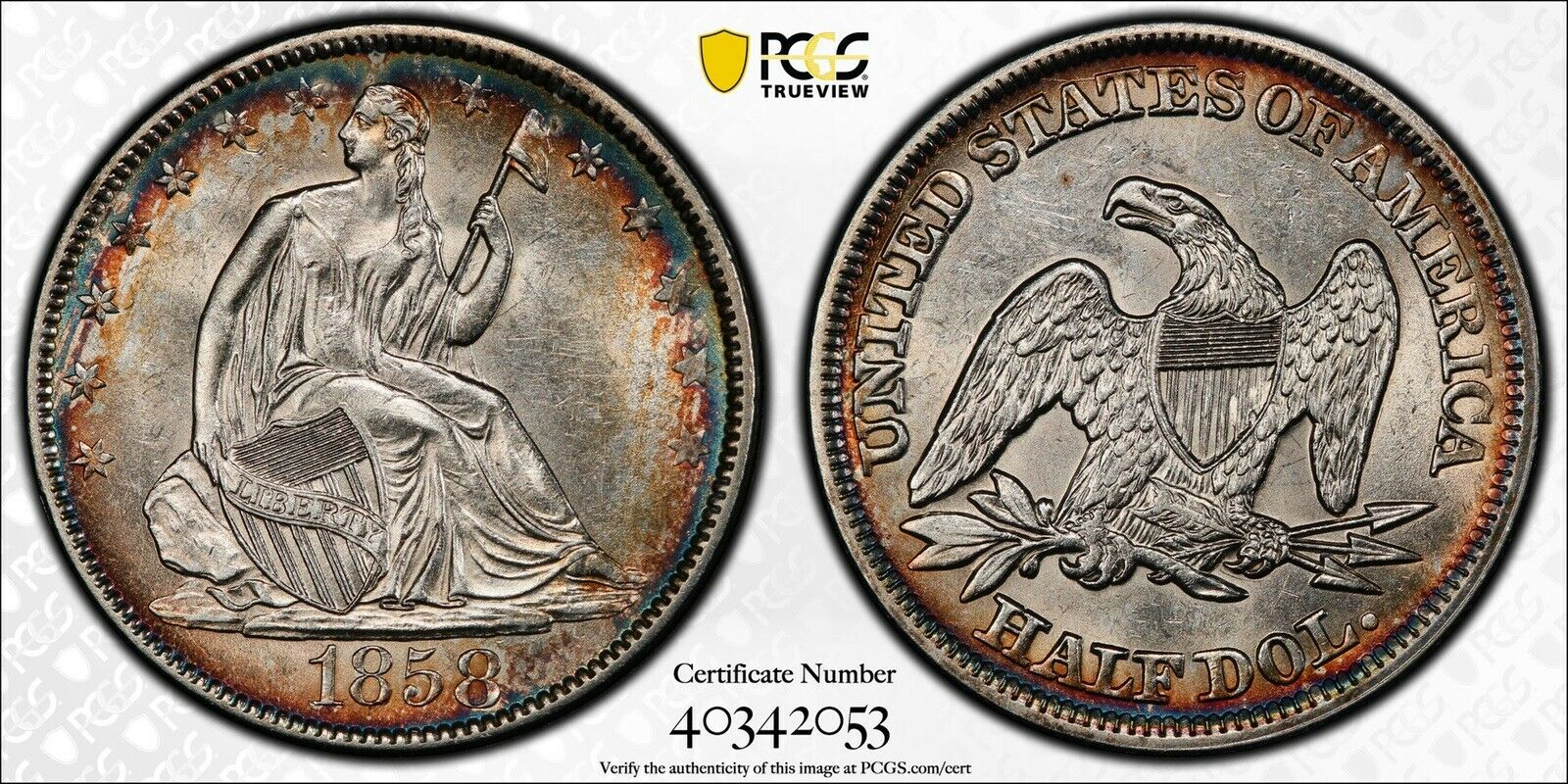 1858 Seated Liberty 50c Au58 Pcgs Monster Toned. Pq! Looks Ms