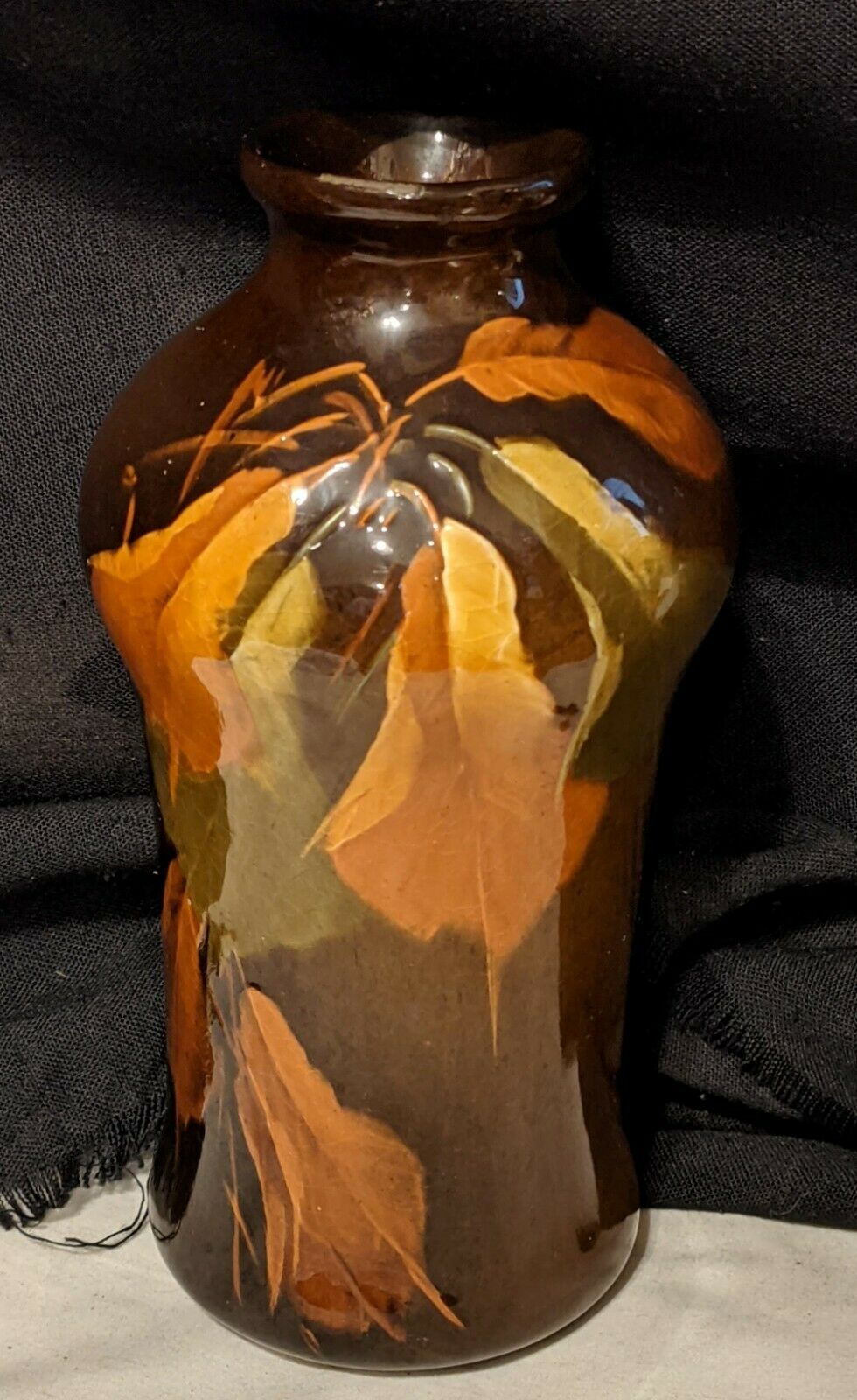 J B Owens Pottery Standard Utopian Bottle Vase, Brown With Orange & Green Leaves