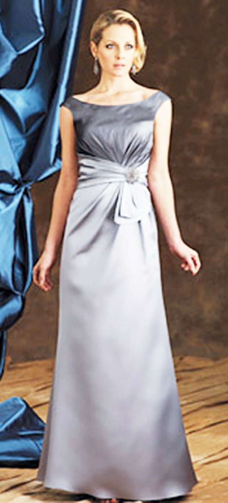 Mother Of Bride Formal Long Dress Cap Sleeves Boat Neck A-line Satin Silver 8, 6