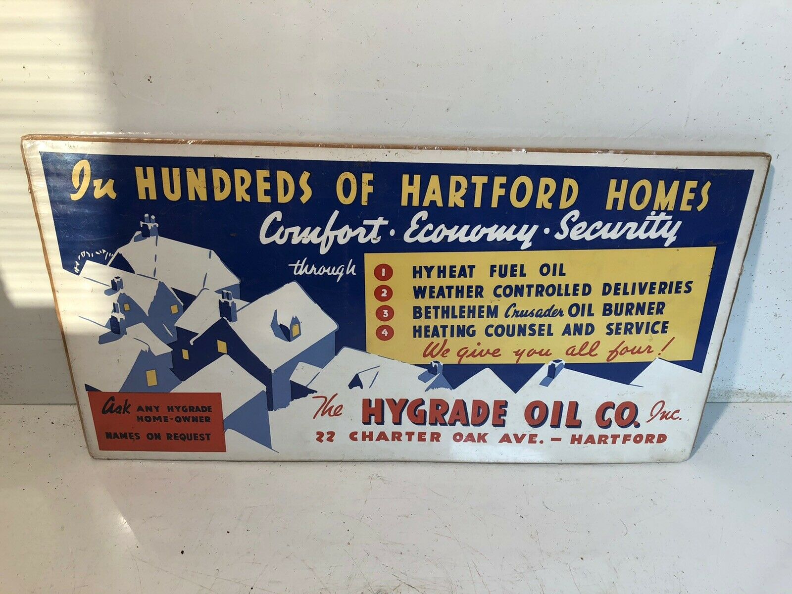 Vtg Hygrade Gas Oil Hartford 1950s 1960s Sign Dealer Store Display Fuel Heating
