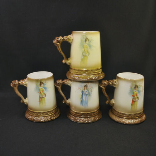 Owen Pottery Set Of 4 Tankard Mugs 1902-1932 Minerva Ohio Period Ladies W/gold