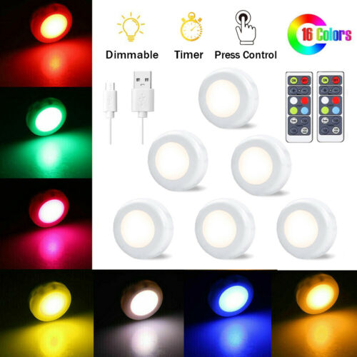 6x Rechargeable Wireless Rgb Under Cabinet Lighting Closet Led Puck Light Remote