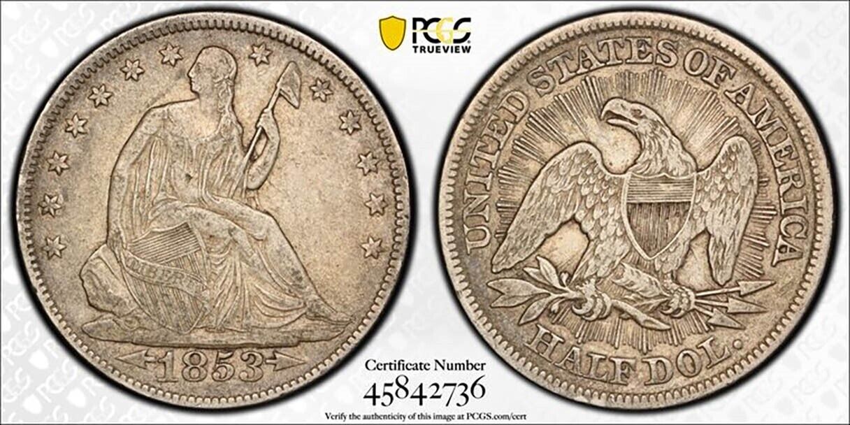 1853 Pcgs Vf25 Arrows And Rays Seated Liberty Half Dollar W/ Trueview (dw1748)