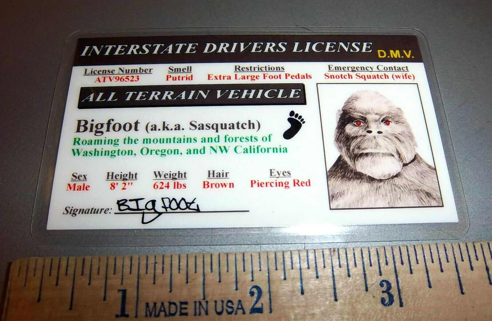 Bigfoot Aka Sasquatch Id Interstate Drivers License Cool Collectible - Cool !!