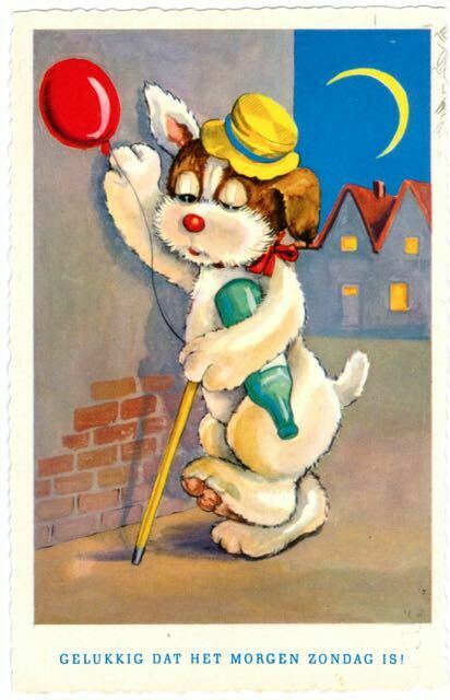 Dog Postcard Soused Jack Russell Terrier Lucky Tomorrow's Sunday Germany 1958