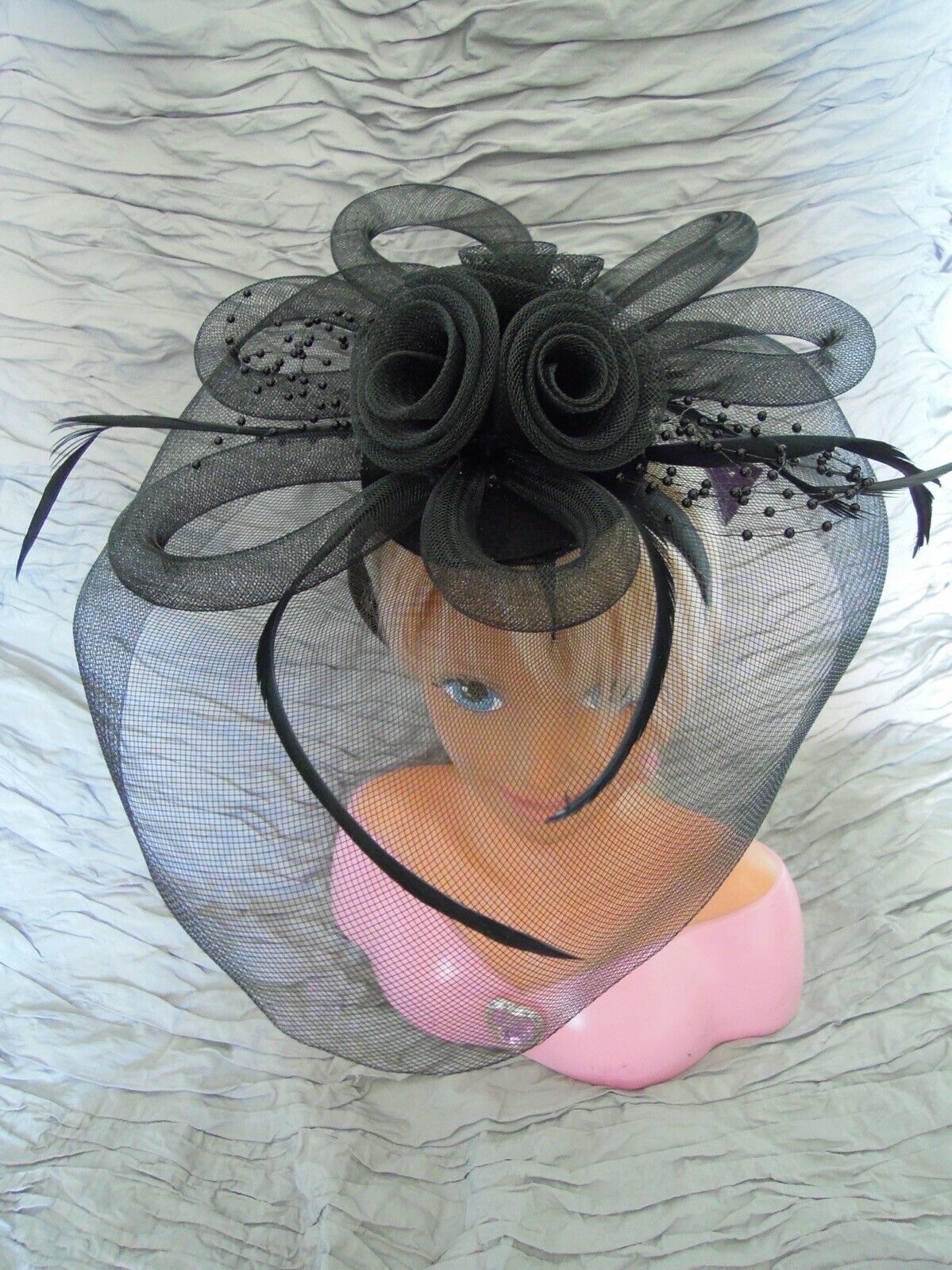 Black Feather Beads Tulle Net Tubing Headband Hat For Wedding, Halloween, Party
