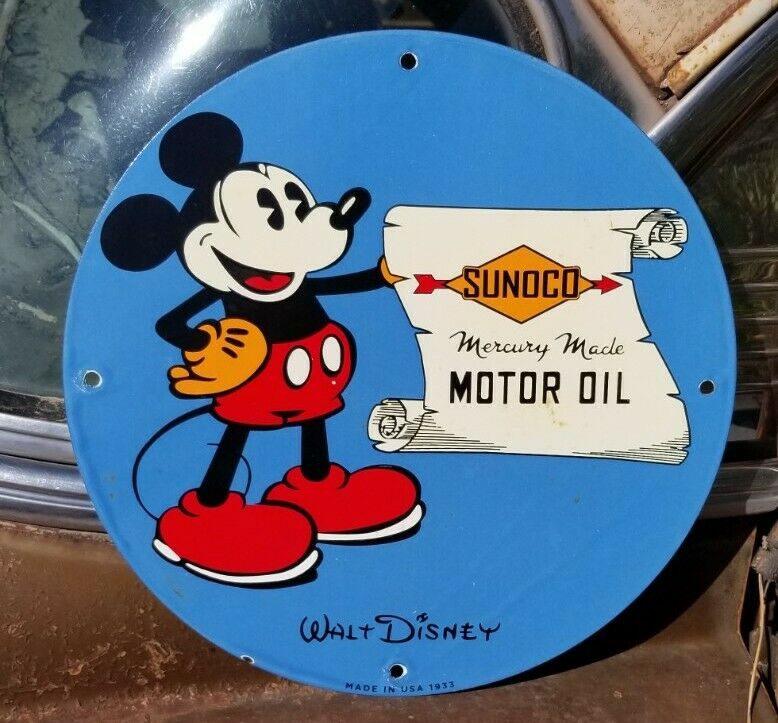 1933 Mickey Mouse Sunoco Porcelain Sign Gas Oil Mercury Disney Minnie Daffy Duck