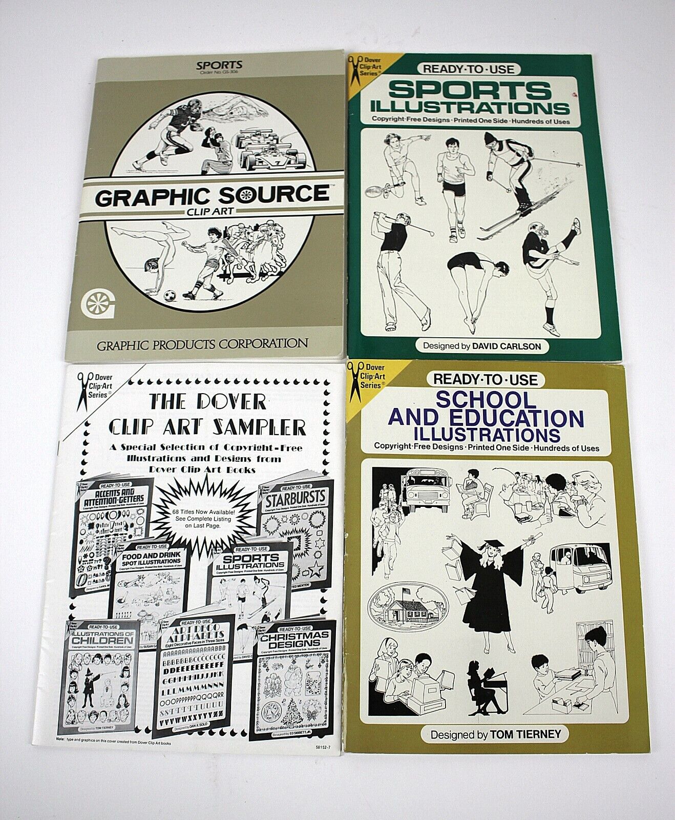 4 Graphics Clip Art Books Sports, School And Education Art Samplers Dover Pub.