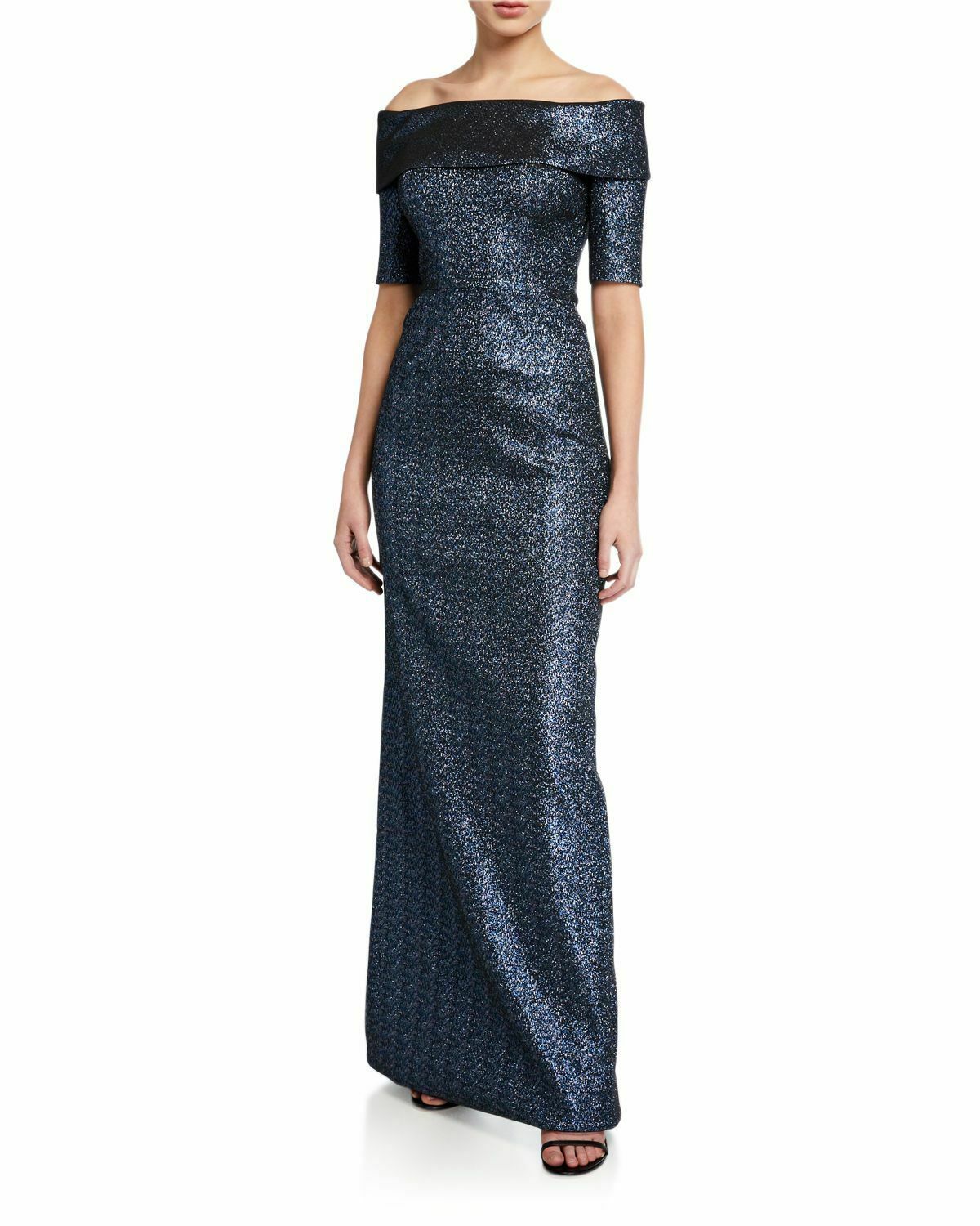 Nwt Teri Jon Off-the-shoulder Blue Metallic Jacquard Column Gown 14 $680