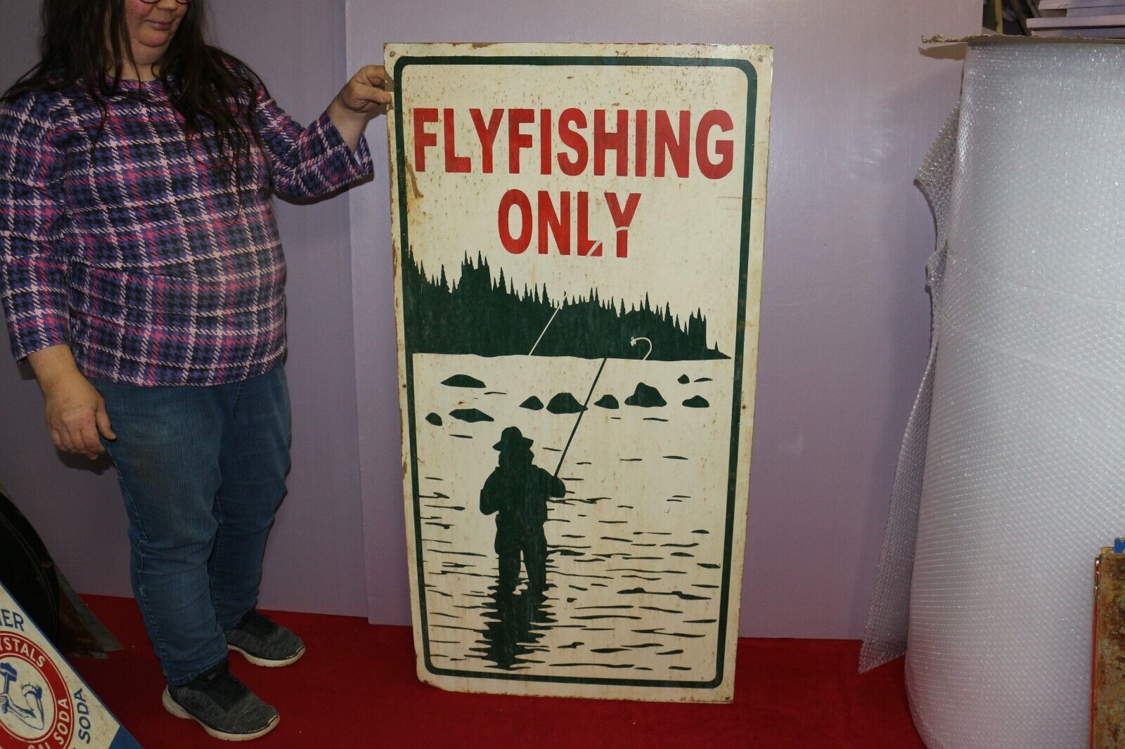 Large Vintage Flyfishing Only Us Forest River Trout Salmon Lure 48" Metal Sign