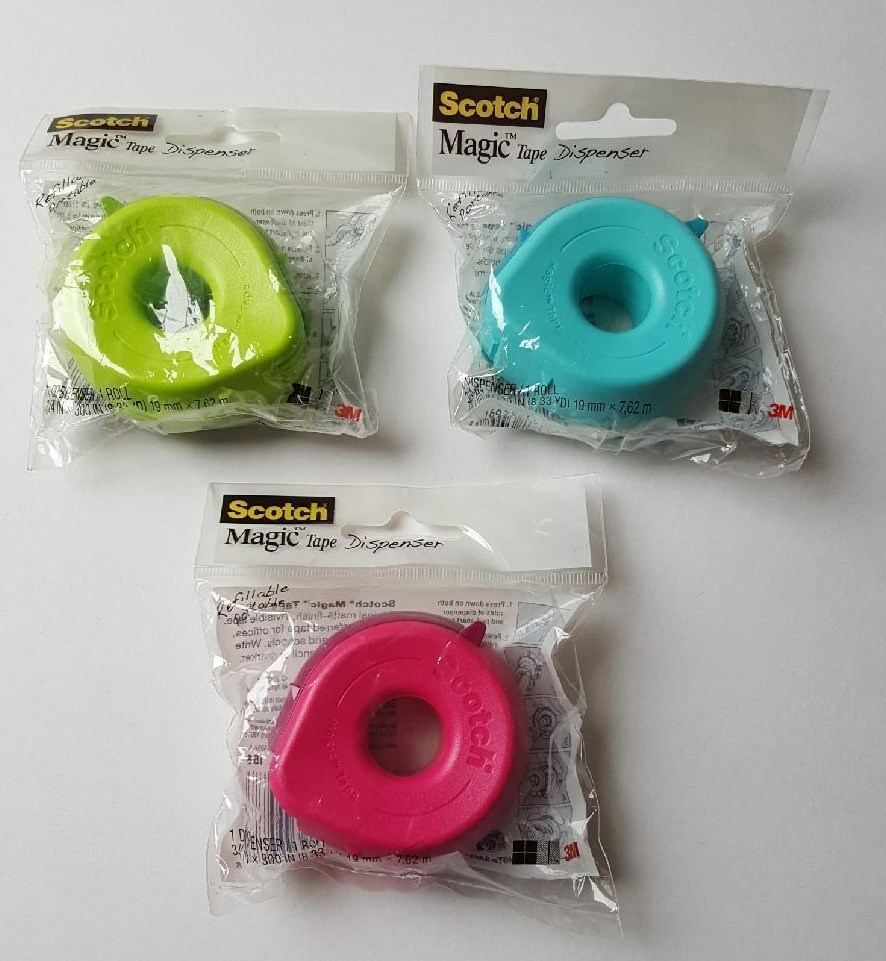 (set Of 3) Scotch Magic Tape Dispensers And Tape In 3 Colors ~ 3/4" X 300" Tape