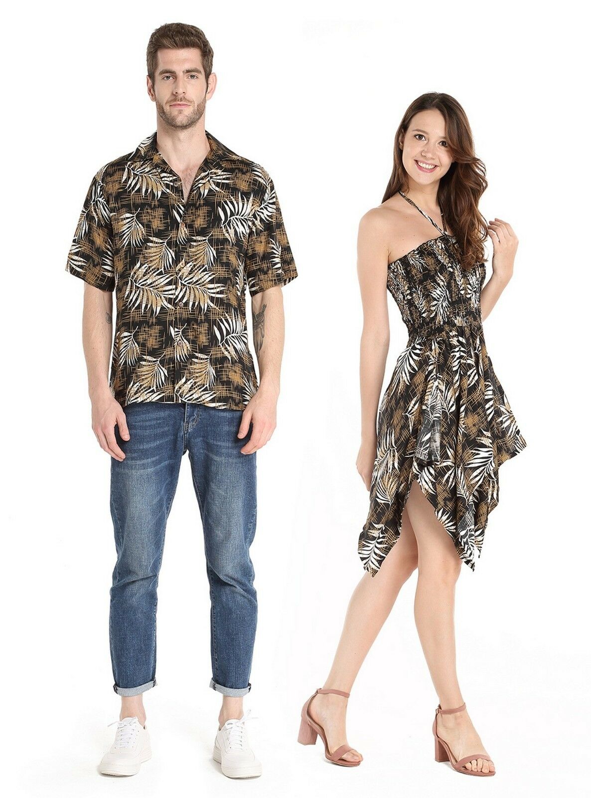 Couple Matching Shirt Dress Outfit Hawaiian Cruise Luau Dance In Black Leaf