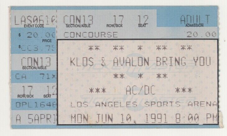 Ac/dc 6/10/91 Los Angeles Ca Sports Arena Rare Ticket Stub La