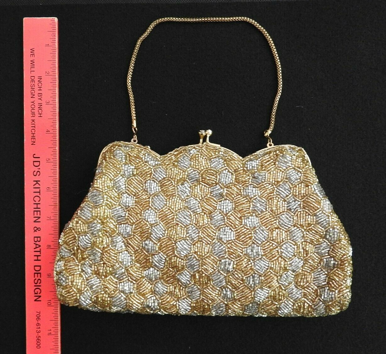Exquisite Silver & Gold Beaded Evening Bag Purse Clutch; Satin Lining, Handmade