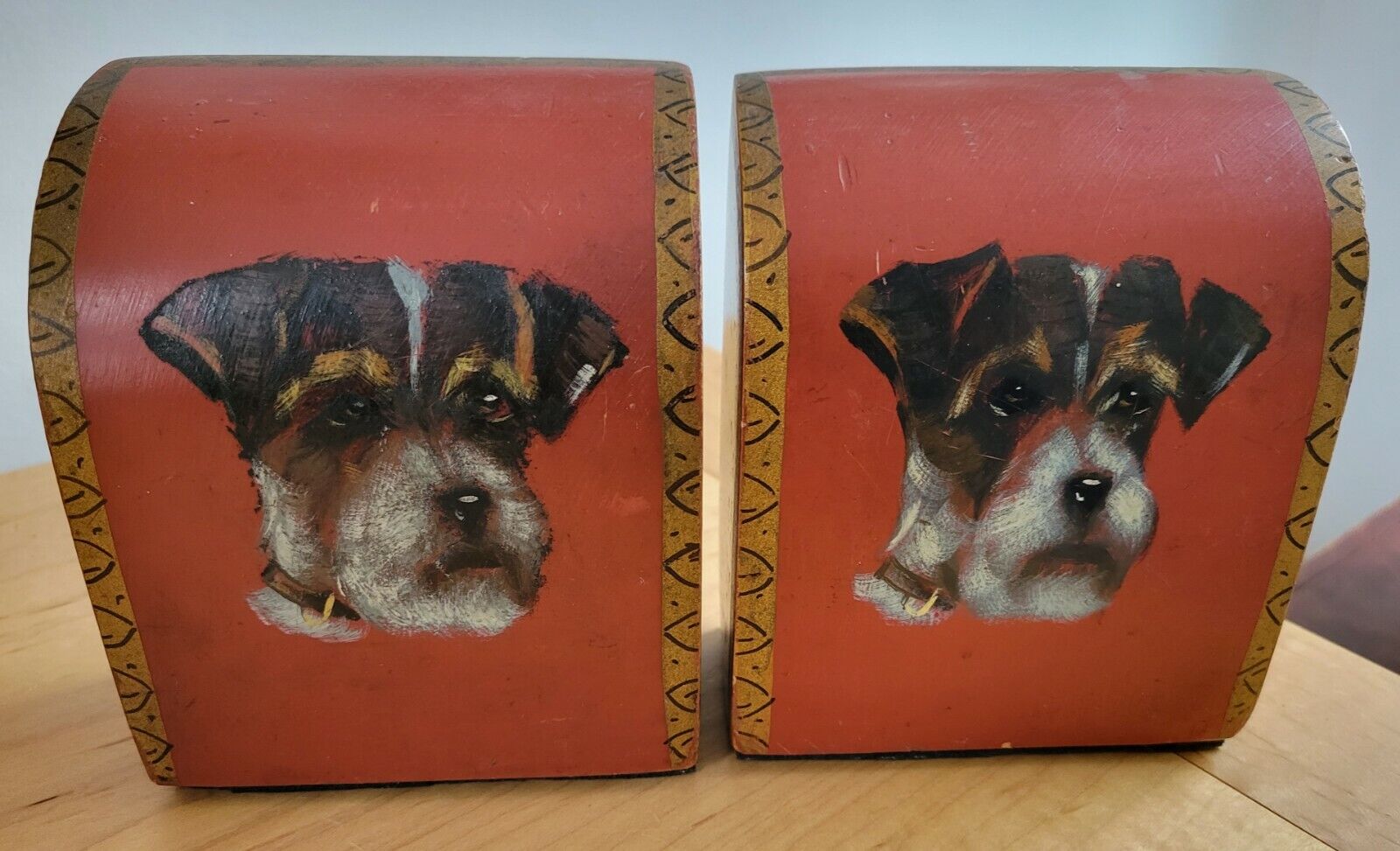 Vintage Wood Bookends With Hand Painted Jack Russell Terrier Dog Images