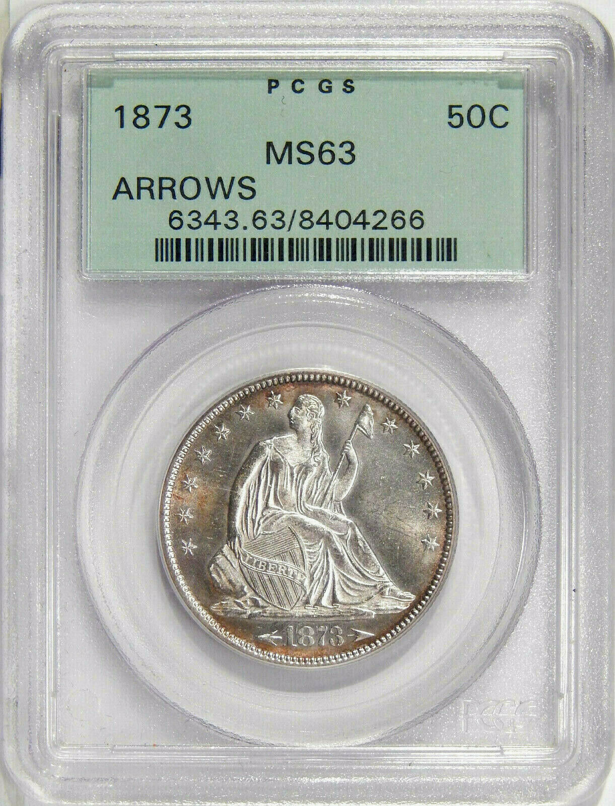 1873 Arrows 50c Pcgs Ms 63 Ogh ~ Pq Seated Half Dollar In Old Green Holder